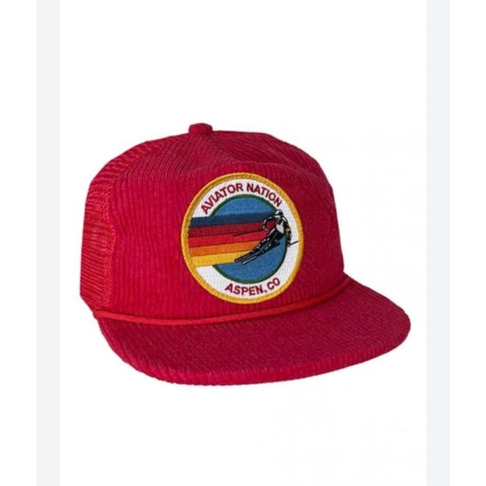 Aviator Nation Signature Aspen CO Trucker Hat Red Corduroy Rope Snap Back EUC